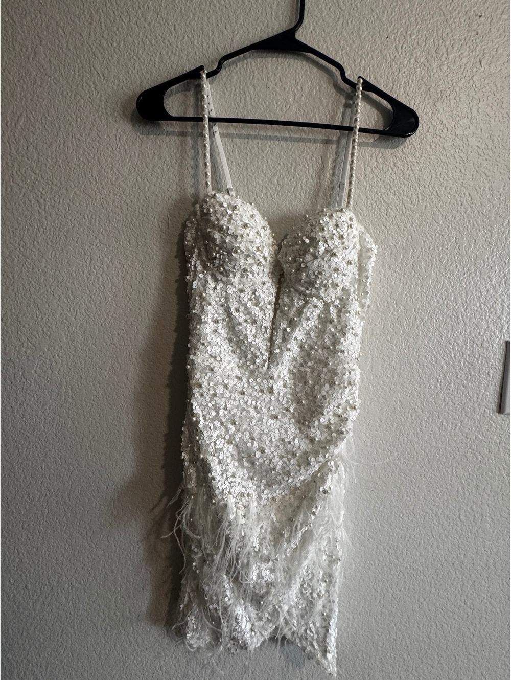 Fashion Nova White Sequin and Pearl Embellished Mini Dress with Feather Hem, US